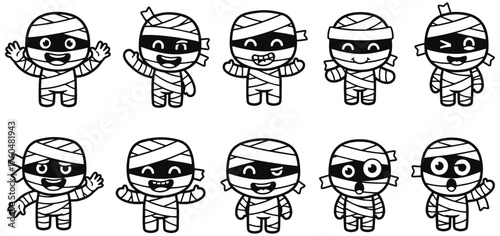Cute mummy characters with varied expressions perfect for Halloween invitations or designs