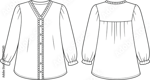 Ruffled blouse sketch, V-neckline with trim, gathered yoke, button placket, long sleeves, technical flat drawing, garment construction, fashion template