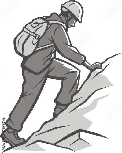 Man climbing mountain adventure hiking outdoor activity rock climbing with backpack and helmet extreme sport vector illustration