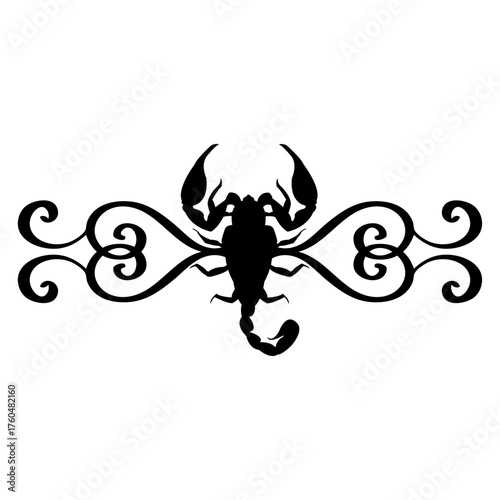 Logo con escorpión con cintas con filigrana caligráfica. Banner con florituras para tarjetas y felicitaciones de Halloween 