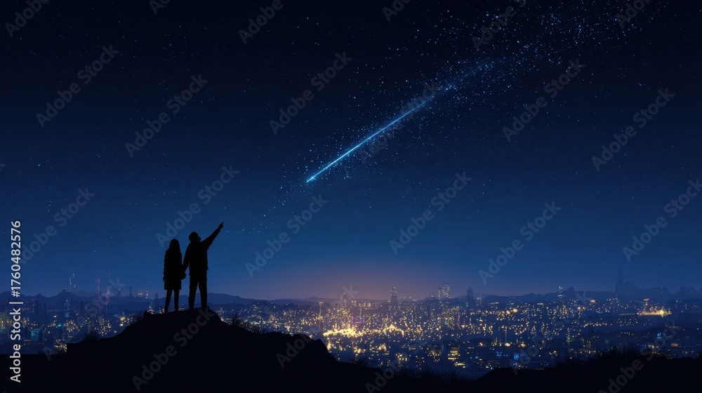 Fototapeta premium A couple is looking up at a shooting star in the night sky. The scene is set in a city with a beautiful view of the stars