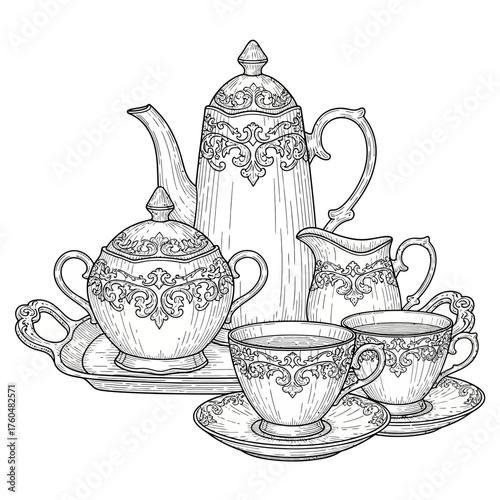 Ornate vintage tea set with teapot, sugar bowl, creamer, and teacups on a tray, detailed line art illustration.