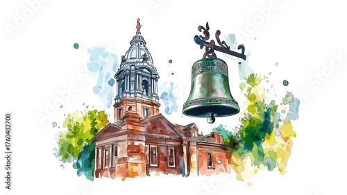 Independence Hall and Liberty Bell. Independence Hall and Liberty Bell hand drawn watercolor illustration