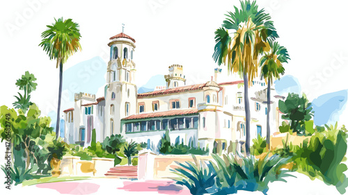 Hearst Castle. Hearst Castle hand drawn watercolor illustration