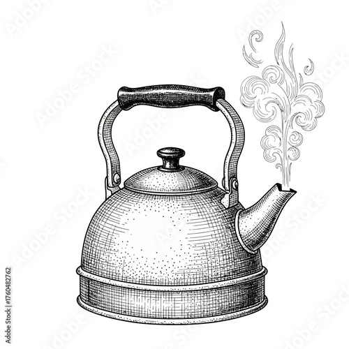 Vintage hand-drawn illustration of a steaming kettle on a white background.