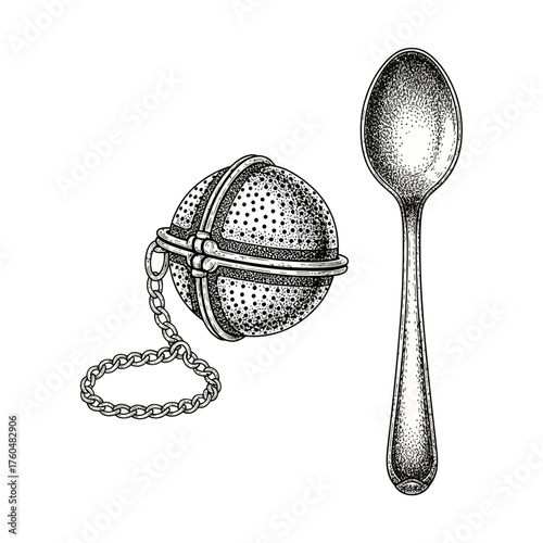 Vintage hand-drawn illustration of a spherical tea infuser and a classic teaspoon.