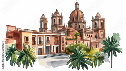 Mexico City Historic Centre. Mexico City Historic Centre hand drawn watercolor illustration