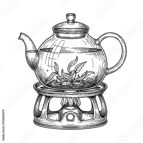 Vintage engraving style illustration of a glass teapot with blooming tea on a warmer stand.