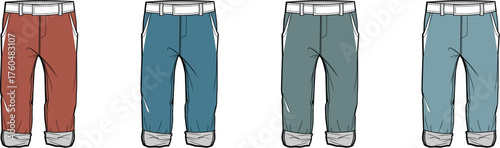 Fashion illustration of casual rolled-up trousers, showcasing a palette of versatile colors. These comfortable cuffed pants are perfect for lifestyle apparel designs and everyday wear concepts