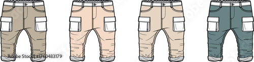 Versatile collection of flat design cargo pants illustrations, showcasing different color options like beige, khaki, and blue, perfect for casual wear, outdoor adventures, and fashion design templates