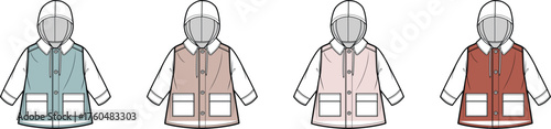 Kids hooded vest fashion flat technical drawing set. Children's outerwear gilet apparel design template shown in multiple color variations for tech pack