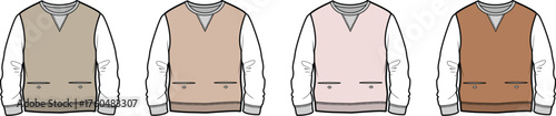 Set of men's V-neck sweater vest technical flat drawings in various color options, an apparel design mockup and garment template for fashion