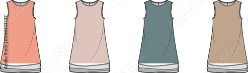 Collection of four simple sleeveless tunic dresses in soft pastel and neutral tones, featuring a clean, minimalist design for comfortable and versatile women's fashion, perfect for everyday wear