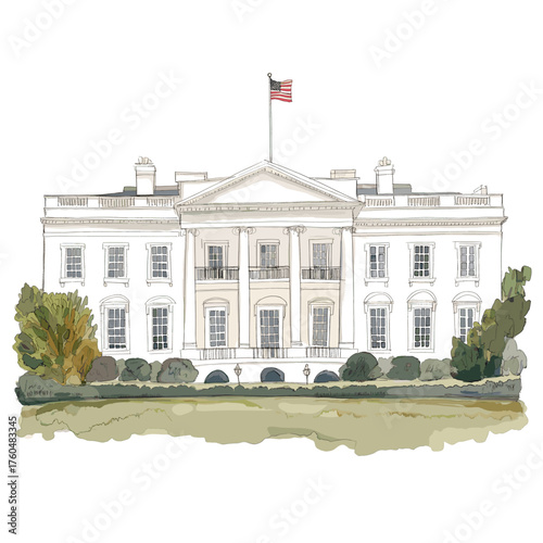 The White House. The White House hand drawn watercolor illustration