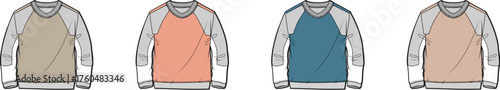 A collection of fashion design flat sketches featuring a raglan sleeve sweatshirt in multiple color block variations for apparel mockups