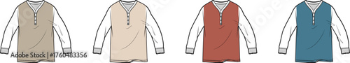 Flat sketch illustration of long sleeve Henley shirts in four different color variations, featuring a classic button-placket design and ribbed cuffs, suitable for fashion design and apparel mockups