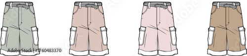 Illustrations of comfortable cargo pants in green, pink, and brown, featuring practical pockets and a relaxed fit, ideal for casual apparel design concepts