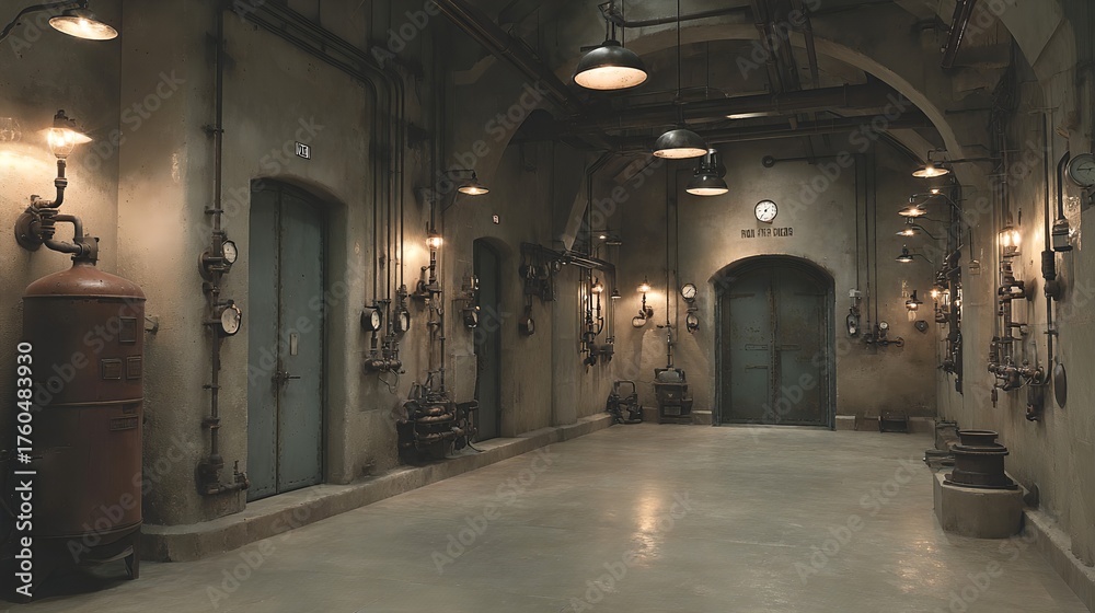 Fototapeta premium industrial, 廃工場, control room, 配管, 機械室, underground, 廃墟, maintenance, 蒸気システム, retro, 廃棄設備, 配電盤, factory interior