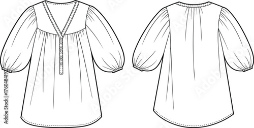 Tunic blouse sketch, V-neckline with trim, gathered yoke, voluminous sleeves, technical flat drawing, garment construction, fashion template, apparel design