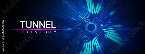 Background tunnel abstract with quantum portal and science binary for funnel black or connect future illustration. Blue speed art and particle gravity with lattice network and perspective flow design.