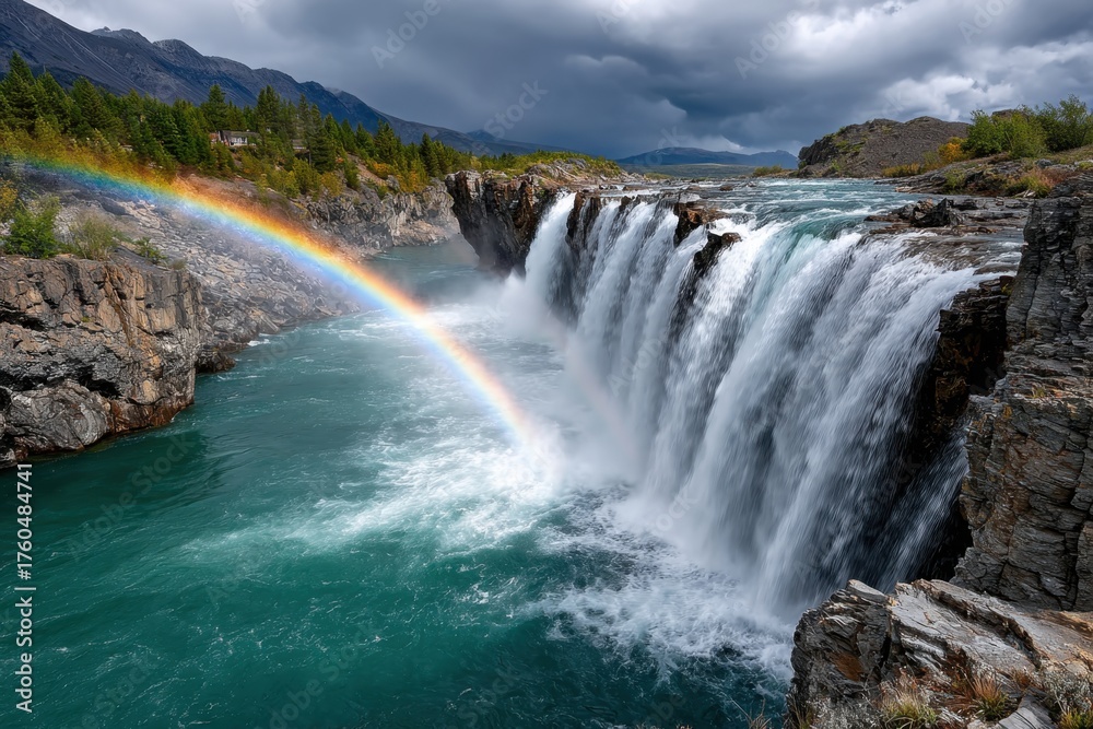 Fototapeta premium Rainbow Waterfall Over Cliffs With Stormy Sky