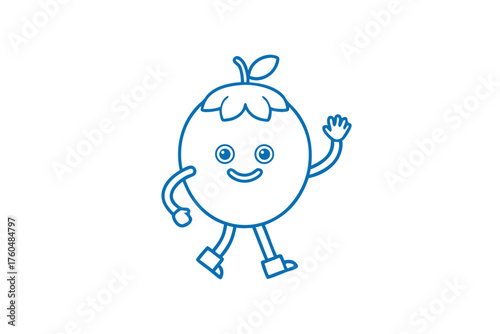 Blue line art reveals a cheerful berry character waving and walking happily onward