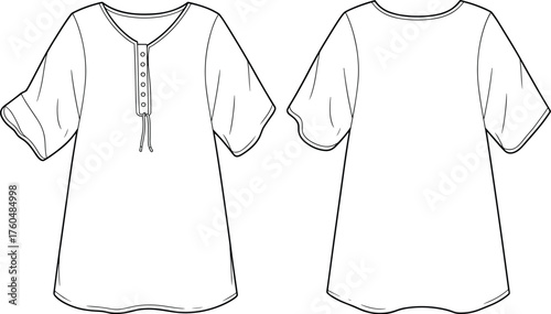 Tunic top sketch, short sleeve fashion drawing, round neckline, button placket, drawstring detail, technical flat, garment construction, apparel template