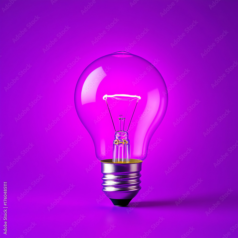 Fototapeta premium Glass light bulb on vibrant purple background. AI image