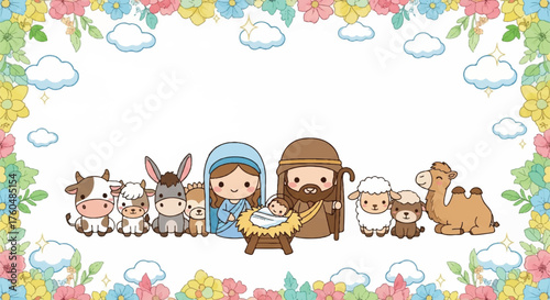 Cartoon illustration of the Nativity scene with Mary, Joseph, baby Jesus in a manger, surrounded by animals, set against a floral border and cloudy sky.