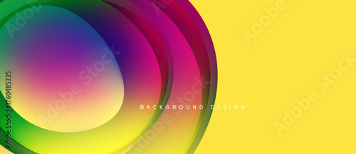 Abstract colorful layers create dynamic visual effect. Bright yellow background complements vibrant circular design. Modern, smooth gradients.