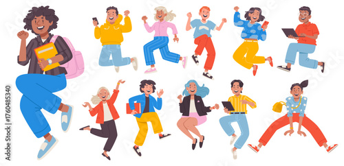 Jumping young people. Set of cheerful characters, girls and boys, jumping. Happy students