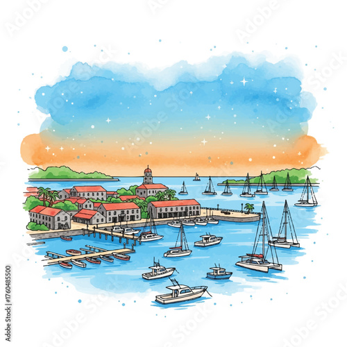 Watercolor illustration of a coastal town with boats in the harbor, buildings with red roofs, and a vibrant sky.