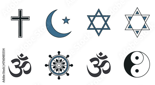 Diversity and unity concept, collection of religious symbols representing various faiths around