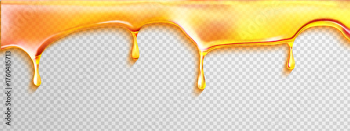 Oil melt gooey honey caramel with drip, flow vector and syrup background. Sweet product or maple droplet. Golden splash design for food or cosmetic layout.
