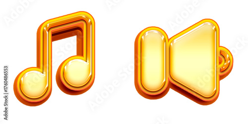 Glossy 3D Music Note and Speaker Icon Set in Yellow and Orange, Symbolizing Audio, Sound, and Media Player Controls, as shiny UI buttons, as a Transparent PNG