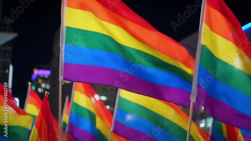 Numerous rainbow flags waving against a nighttime city backdrop, showcasing the vibrant colors and textures of the fabric, captured in a medium shot, conveying celebration and visibility.