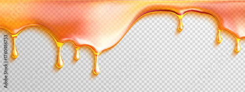 Caramel melt gooey honey oil with syrup background, drip and flow vector. Tasty serum or golden droplet design. Sweet splash for cosmetic or food layout.