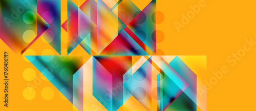 Abstract geometric composition. Vivid colors blend, creating dynamic shapes. Yellow background contrasts with complex forms.