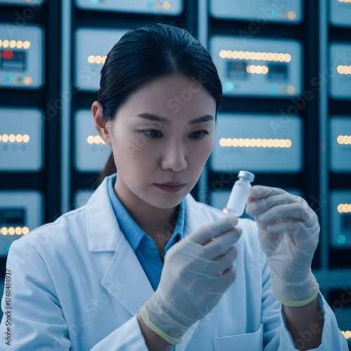 Asian researcher analyzes frozen vaccine sample in lab