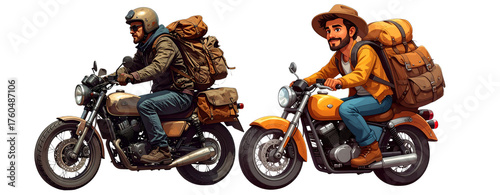  Biker with Backpack on Motorcycle  Isolated on Transparent Background