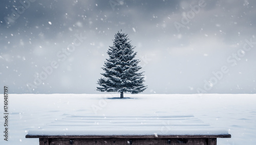 Snowy table for winter product display.