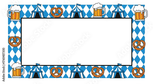 Oktoberfest themed frame with beer mugs, pretzels, and blue and white diamond pattern, surrounding a blank white space.
