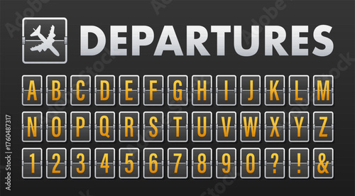 Airport departures board displaying flip alphabet and numbers