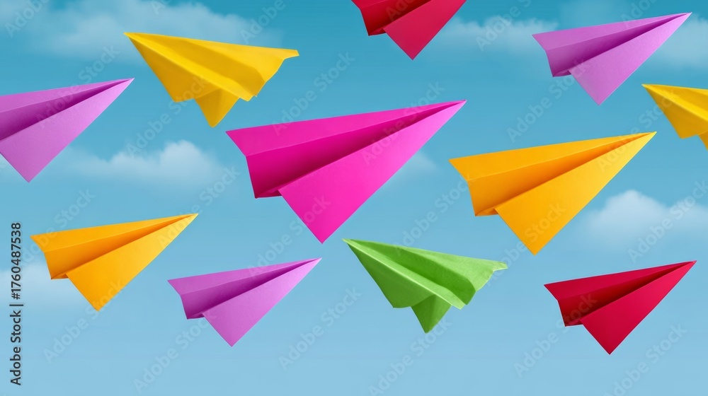 Fototapeta premium Bunch of colorful paper airplanes flying in the sky. Concept of freedom and joy, as the paper planes soar through the air. The vibrant colors of the planes add to the cheerful atmosphere