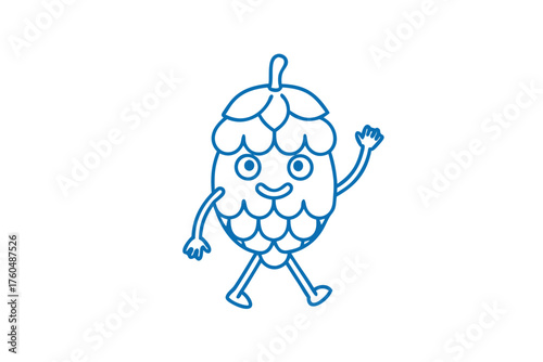 A cheerful blue hop cone character is waving its hand happily on white
