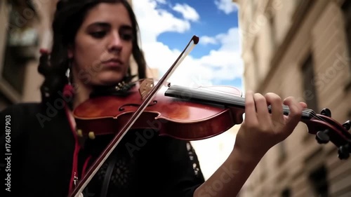 A focused musician plays a violin in an outdoor urban environment, displaying the instrument with concentrated expression and melodic performance skills during a beautiful sunny day.