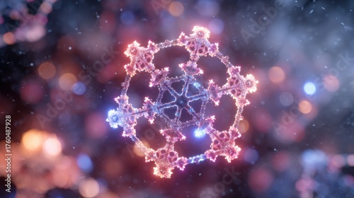 Delicate snowflake design floats in a colorful, blurred background. The intricate details of the snowflake contrast beautifully with the soft glows of light.