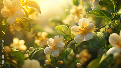 Delicate White Jasmine Blossoms Amidst Soft Morning Light Glimmer