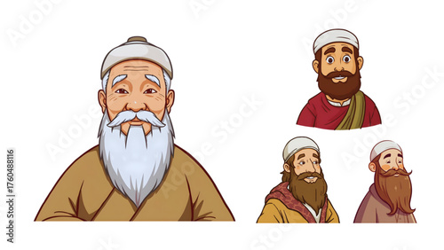 Vector cartoon illustration of a wise old man with a pleasant smile and love