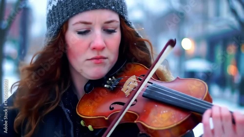 Beautiful musician plays a violin outdoors in a snowy winter scene, wearing a warm hat, with blurred background showcasing a snowy street and a warm, emotional expression.